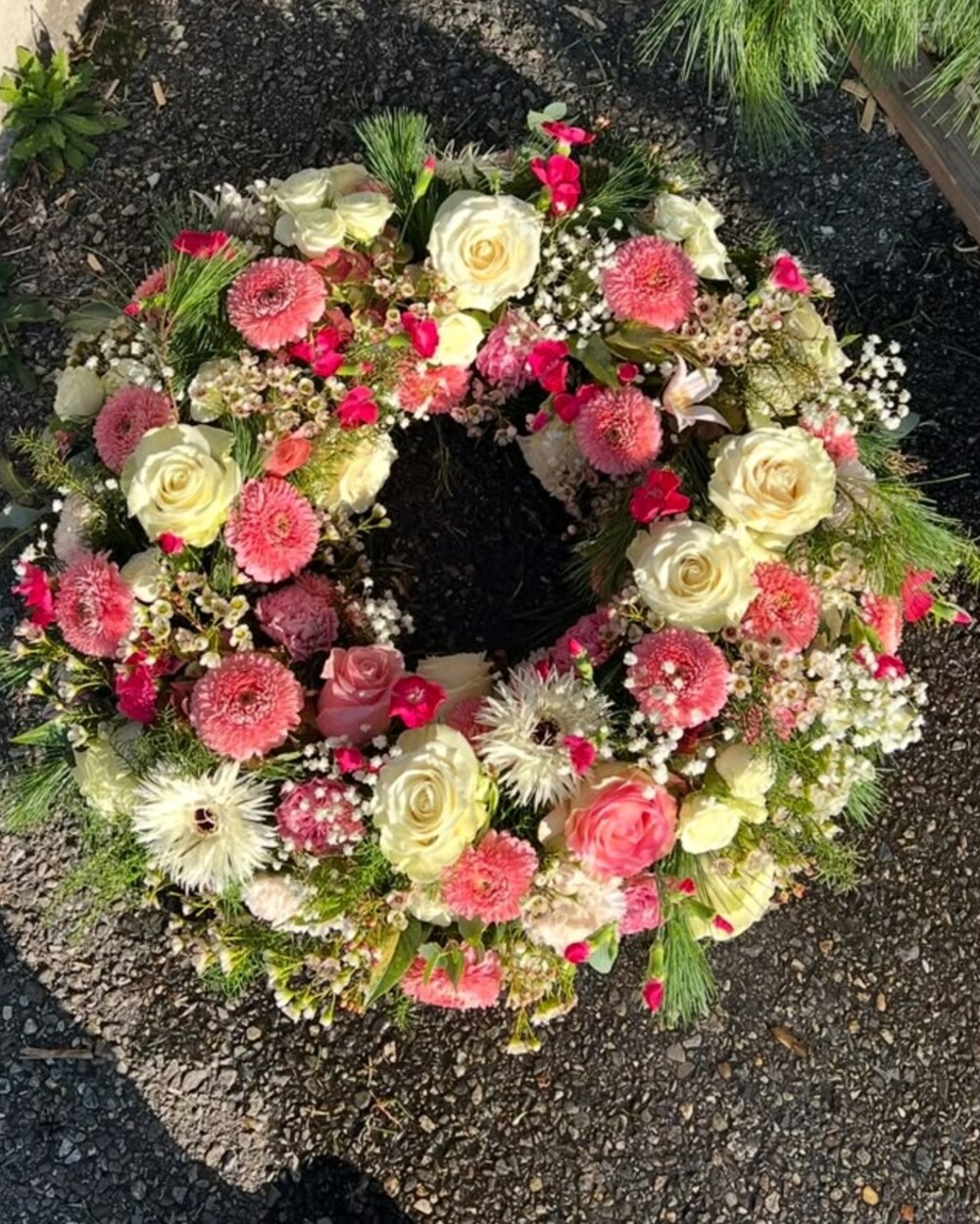 Couronne du Souvenir — couronne cérémonielle de roses ivoire et gerberas poudrés
