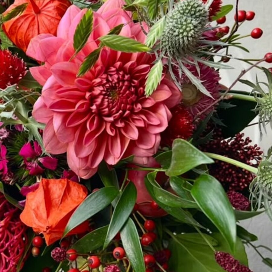 Détail d'un dahlia corail au cœur d'une composition Maison Favre